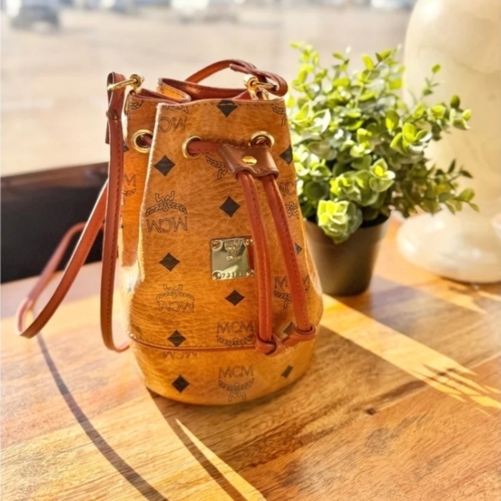 MCM Authentic Dessau Viestos Mini Drawstring Cognac Bucket Bag, Like New